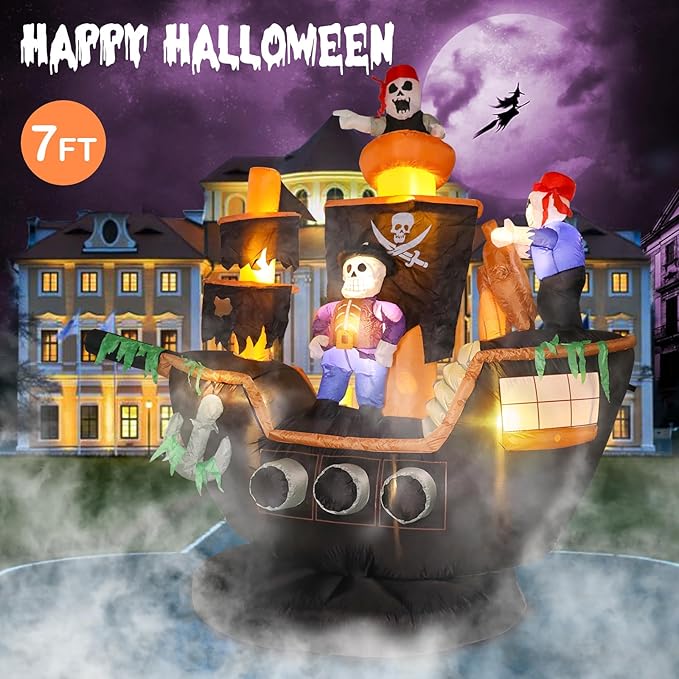 VCUTEKA 7FT Halloween Inflatable Skeletons Ghosts on Pirate Ship Outdoor Decoration, Blow Up Decor with LED Lights for Holiday Party Yard Lawn Inflatables Home Family Outside