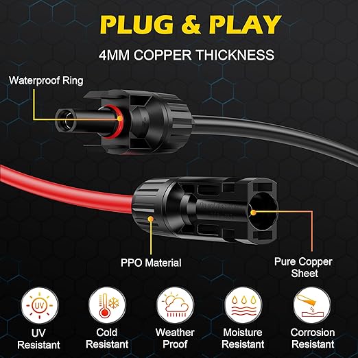 32Ft Solar Cable Solar Extension Cable,10AWG Solar Panel ExtensionCable with Female and Male Connectors,Waterproof Solar ExtensionCable Kit (Red and Black).
