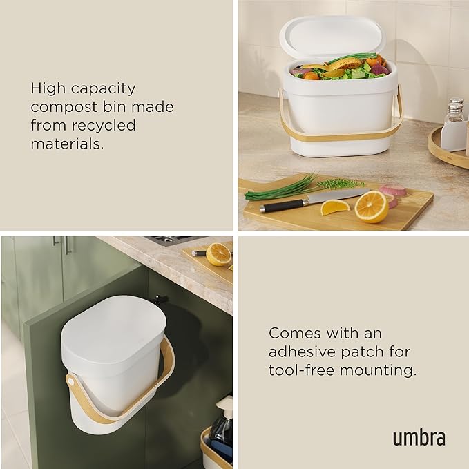 Umbra Bellwood Kitchen Compost Bin – White/Natural, Countertop or Cabinet Mounted, 6L Compost Container with Hidden Bag Retainer, BPA-Free & Dishwasher Safe| Bellwood Collection