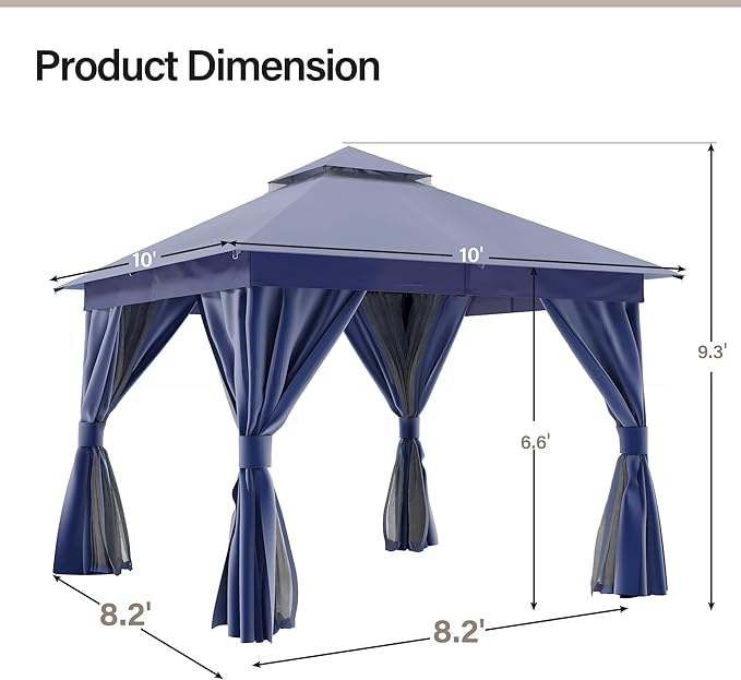LAUSAINT HOME Outdoor Patio Gazebo 10'x10' with Expansion Bolts, Heavy Duty Gazebos Shelter Party Tent with Double Roofs, Mosquito Nettings and Privacy Screens for Backyard, Garden, Lawn, Navy Blue