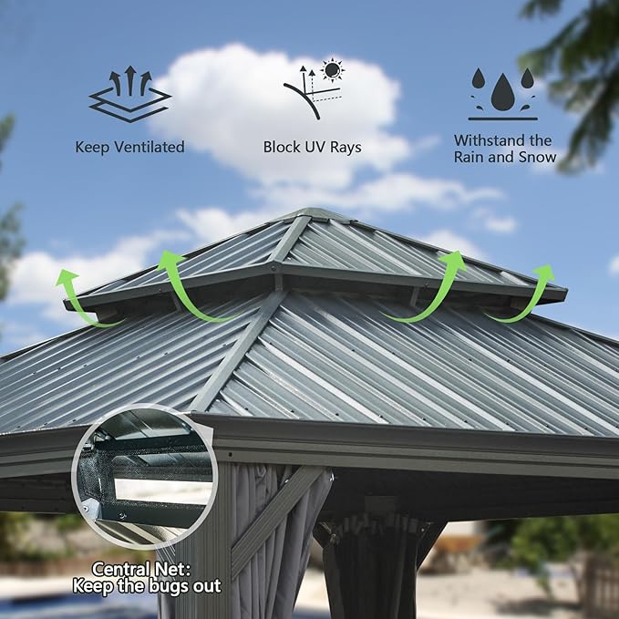 Domi 12'x12' Hardtop Gazebo Canopy,Outdoor Aluminum Gazebo with Galvanized Steel Double Roof,Permanent Gazebos with Drainage System,Curtain and Netting Included,Grey