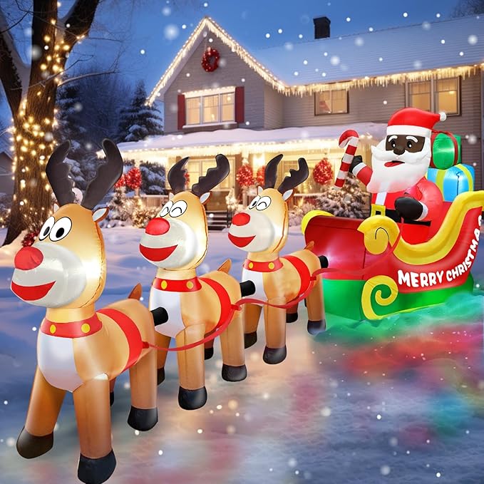 TURNMEON 12 Foot Long Christmas Inflatables Outdoor Decorations Black Santa Claus on Sleigh with Three Reindeer & Gift Box Inflatable Christmas Built-in LED Lights Blow Up Xmas Yard Lawn Garden Decor