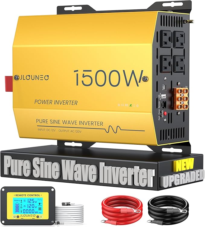 1500W Pure Sine Wave Inverter - 12V DC to 120V AC Converter for Home, RV, Truck, Off-Grid Solar Power Inverter Built-in 3.1A USB, Type-C Port, AC Hardwire Output Port, Remote Control with LCD Screen