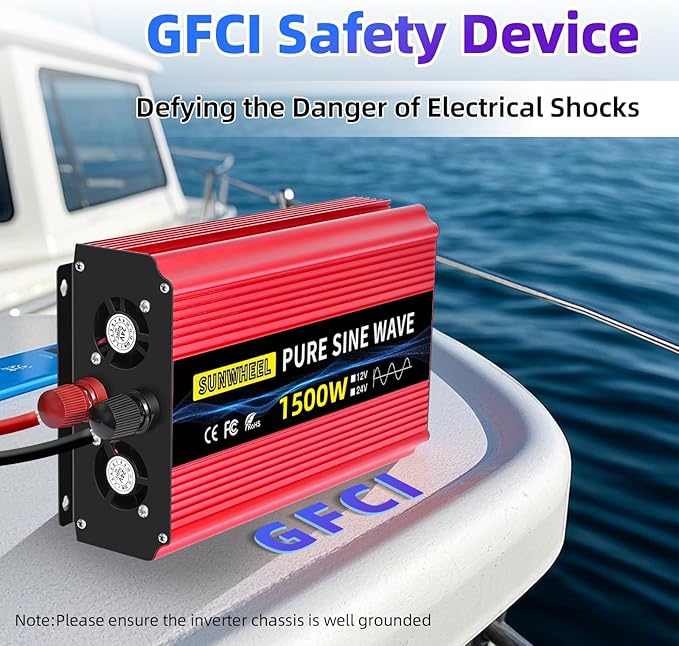 SUNWHEEL 1500W 24V Pure Sine Wave Inverter, 24V DC to 110V/120V AC Power Inverter for RV、Off Grid、Truck、Power Outage with 2 AC outlets and LCD Display