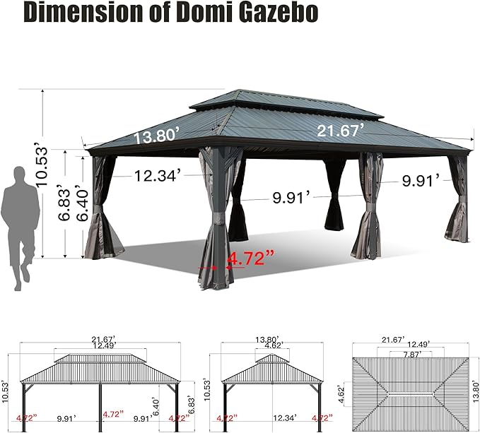 Domi 14'x22' Hardtop Gazebo Canopy,Outdoor Aluminum Gazebo with Galvanized Steel Double Roof, Extra Large Permanent Gazebo Pavilion for Patio Deck Backyard,Curtain and Netting,Grey