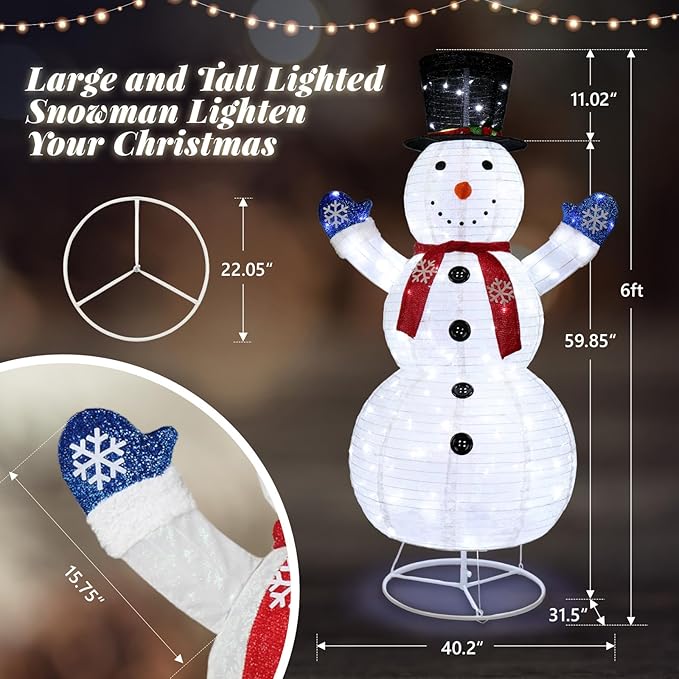 Outvita Outdoor Christmas Decorations 6ft Lighted Snowman, White Snowman with Twinkle Lights Red Scarf Black Hat, Foldable Snowman for Xmas Indoor and Outdoor Garden, Yard Decor
