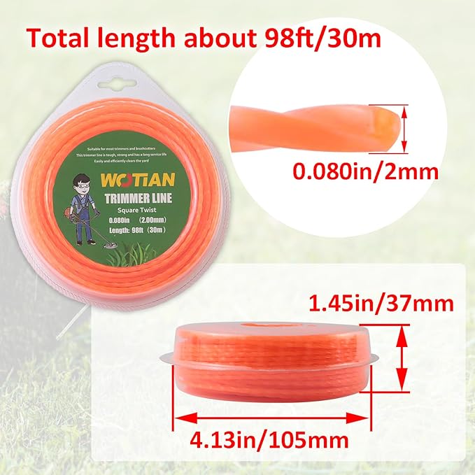 WOTIAN 080 Square Twisted Trimmer line 0.080-Inches Weed Eater String 98-Foot Square Twist Weed Wacker String of Nylon Compatible with Stihl Echo Universal Grass Cordless Electric Trimmer,Orange