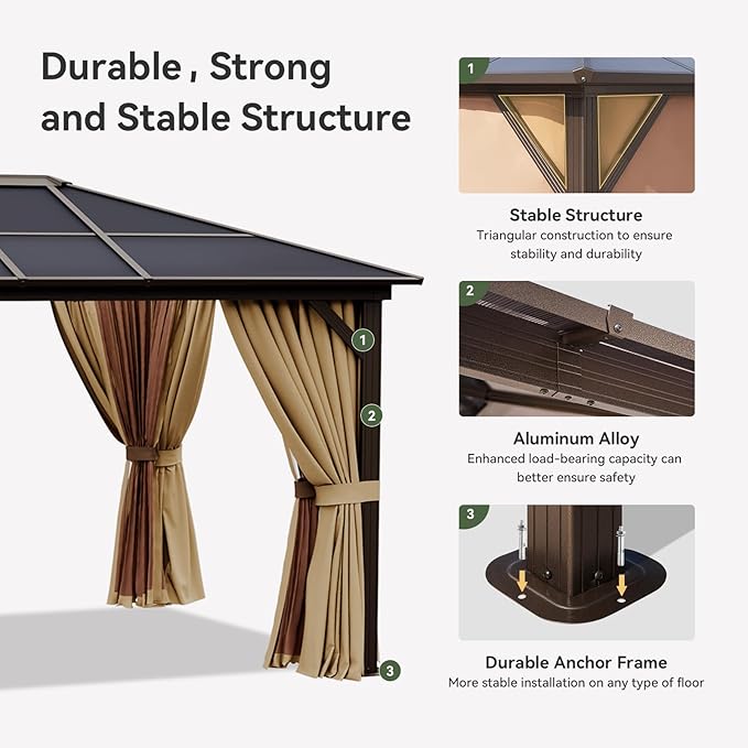 Aoxun 10' x 12' Gazebo Single Polycarbonate Top, Outdoor Aluminum Frame Permanent Gazebo with Curtains and Netting, for Patio, Party, Backyard, Garden and Lawn