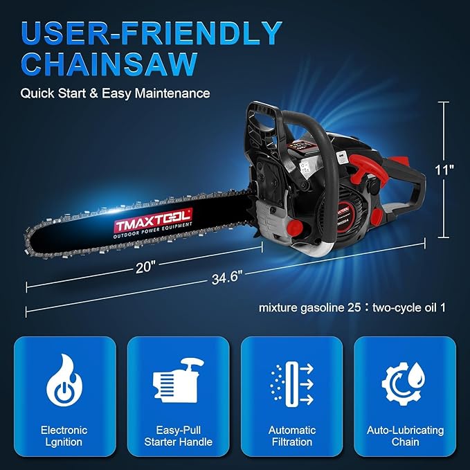 62cc Gas Chainsaw, 3.5-HP, 20 Inch Chain Saw, Gas Powered Chainsaws, 2-Stroke Gasoline Power Chain Saws with Automatic Oiler for Wood Cutting, Easy-Start, Black