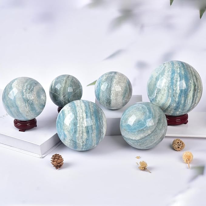 JIC Gem Natural Trolleite Crystal Ball Sphere Blue Healing Crystal Gemstone Ball with Display Stand Home Decor Meditation Grid Energy Balance (50-60mm)