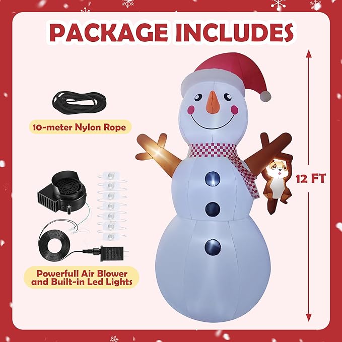 12ft Christmas Inflatable Yard Decor Build-in LED Outdoor Blow up Christmas Decorations for Yard/Lawn/Garden (12ft Snowman)