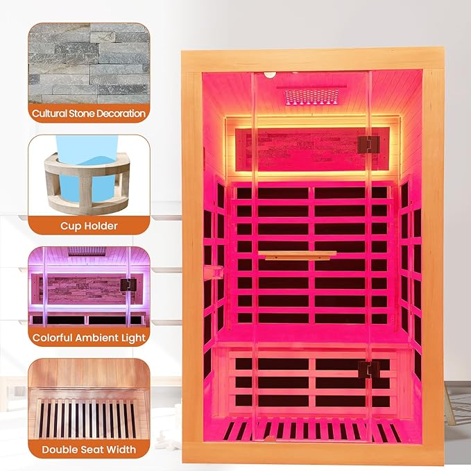 Infrared Sauna 2000W Wooden Saunas Home Spa Room Canadian Hemlock Wood Low-EMF Indoor Saunas with with Red Light Beauty Lamp for Two Person 74.8 * 47.2 * 41.3Inch
