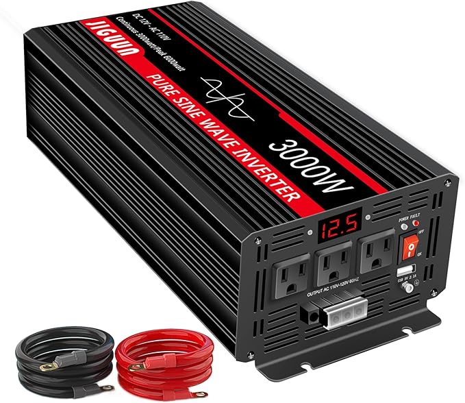 JIGUUN Pure sine Wave Inverter 3000W, 12V to 110V Power Inverter Converter with 4 AC sockets, USB Output and LED Display for RV Camping Emergency Household appliances (3000WPRO)