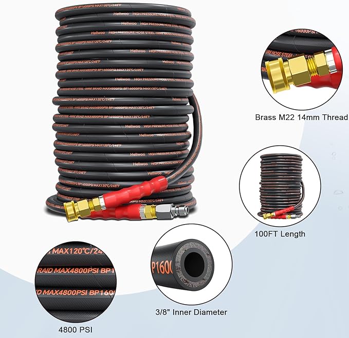 Pressure Washer Hose 100FT, 3/8" for Cold & Hot Water (Up to 140℉) 4800 PSI Kink Resistant Industrial Grade Steel Wire Braided QC Ends