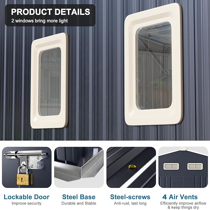 Metal Storage Shed 10x12 FT Reinforced Frame with Unique Clear Roof Skyview Windows Air Vents Door for Outside Garden Patio Lawn Backyard to Store Bikes,Lawnmower,Garage,Dark Grey Large