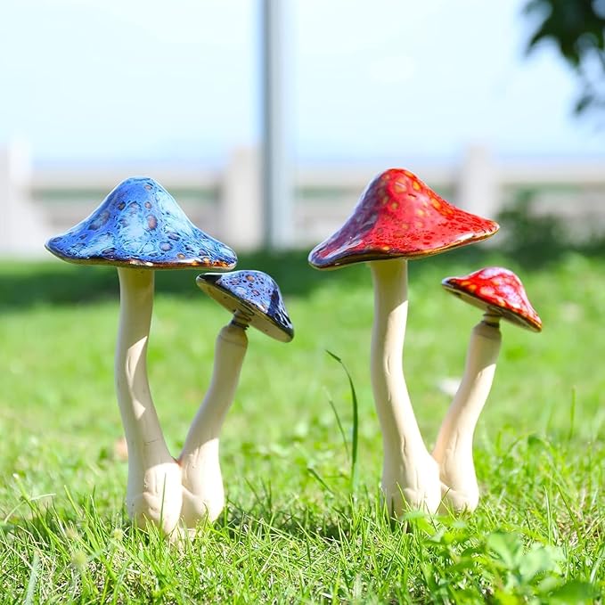 Mushroom Yard Decor - 2pcs Ceramic Mushroom Statue for Garden, Fairy Garden Stakes Ceramic Lawn Ornament Decor Plants Stake