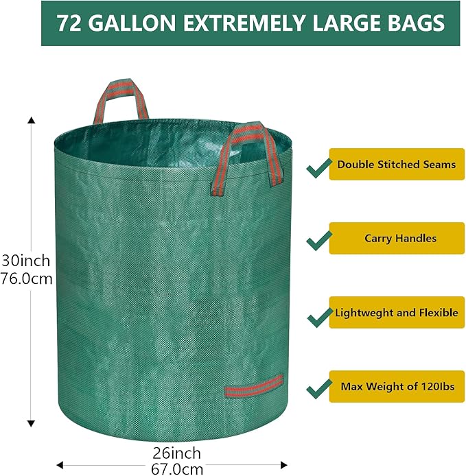 Reusable Yard Waste Bags, 72 Gallon Lawn and Leaf Bags 2 Pack with Reinforced Handles and Gardening Gloves, Heavy Duty Standable Garden Waste Bags for Leaves, Grass, Camping, Recycling
