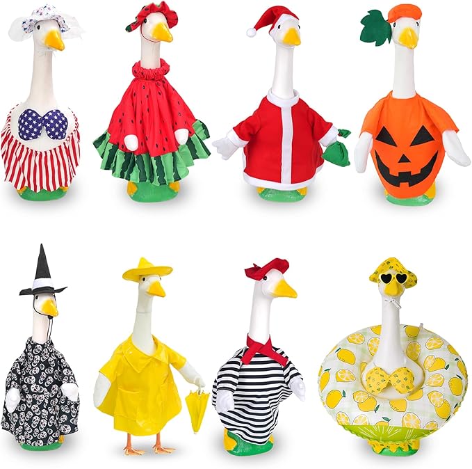 8 Sets Seasonal Holiday Porch Goose Outfits Summer Outfits Fall Halloween Christmas Birthday All Seasons Garden Goose Clothes for 23" Cement Statue Lawn Patio Outdoor Decoration(Classic Style)
