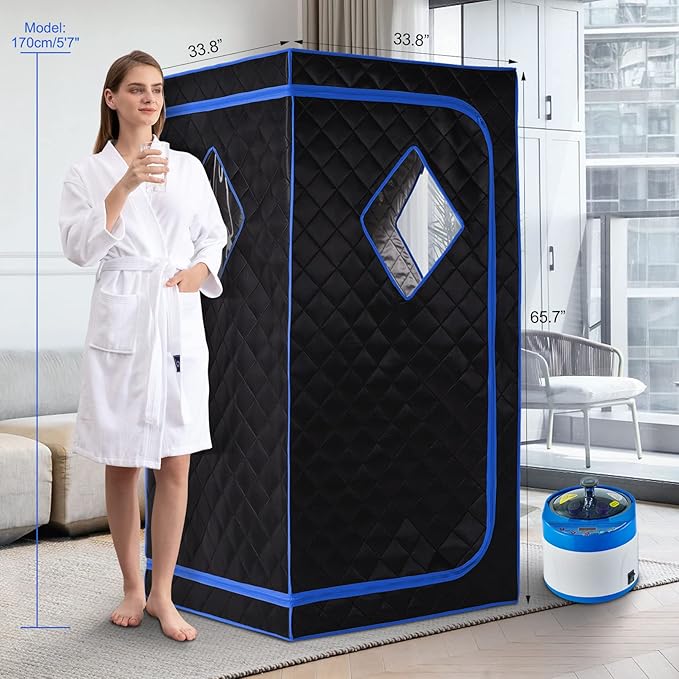 ZONEMEL Personal Portable Steam Sauna, Full Size Sauna Tent, 1500 Watt 4 Liter Steamer with Remote Control, Timer, Portable Sauna Chair for Home Saunas (L 33.8" x W 33.8" x H 65.7", Blue Border)