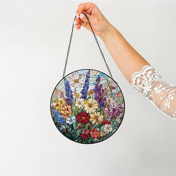 Colorful Wildflowers Suncatcher -7.9 in Stained Glass Window Hanging Sun Catcher Garden Decor