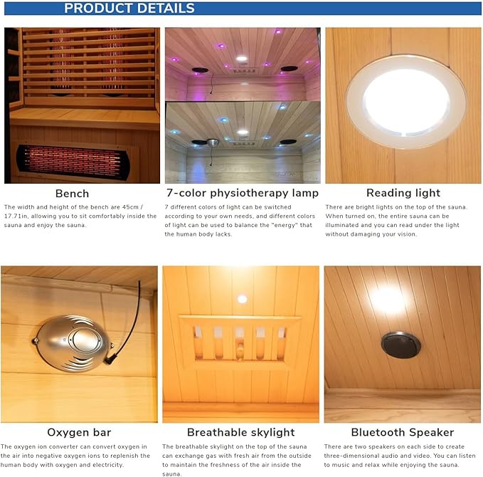 3 People Indoor Infrared Sauna, Low EMF Full Spectrum Red Heater with Carbon Heating Panels, Canadian Hemlock Wood, WiFi Control, 7-Color Starry Light, Reading Lamp, 2100W, 220V