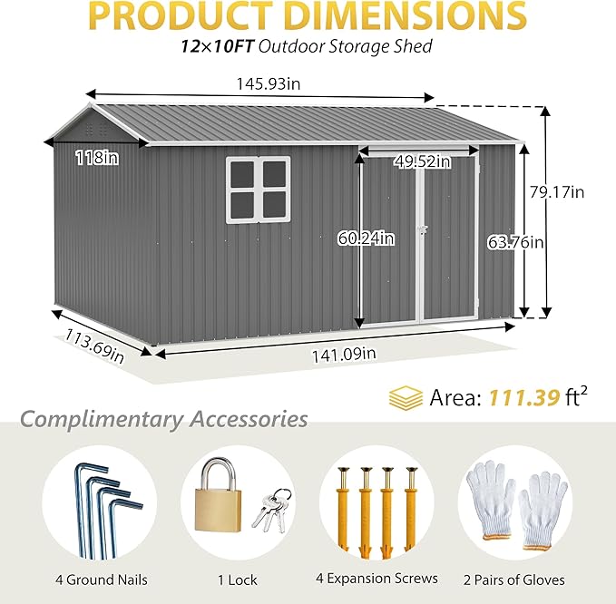12x10 FT Outdoor Storage Shed Metal, Large Garden Tool Sheds Outdoor with Lockable Doors, Waterproof Steel Utility Storage Building, Heavy Duty Equipment Shed for Backyard Patio Lawn Garden, Grey