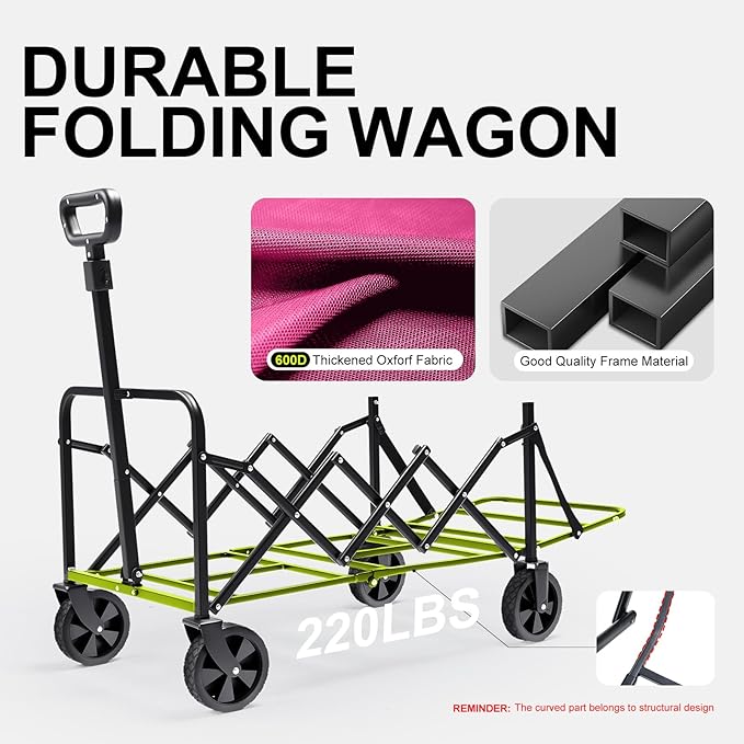 Collapsible Wagons Carts Foldable with Extended Tailgate, Folding Wagon Cart on Wheels, Portable Heavy Duty Shopping Carts for Groceries, Apartment, Garden, Camping, Sports, Outdoor (Pink)