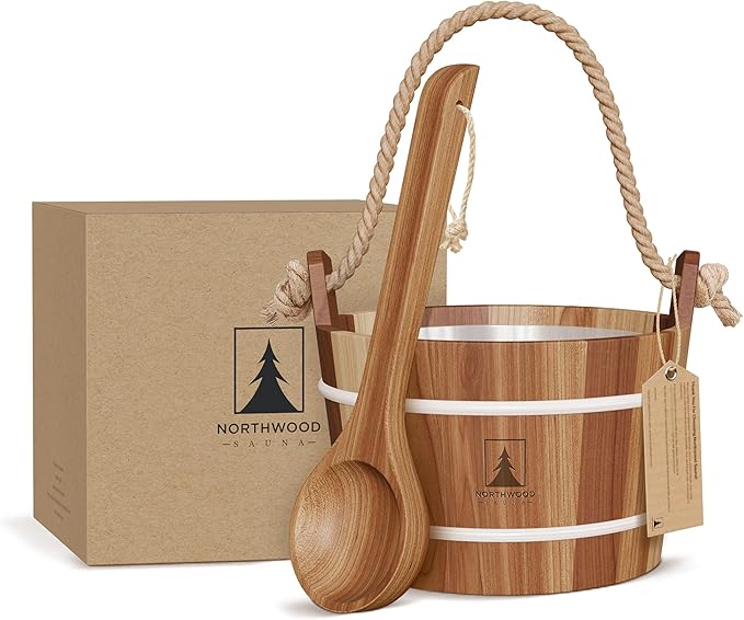 Sauna Bucket and Ladle Set - Handmade from Canadian Red Cedar Wood - Natural Rope Handle - 1.6 Gallons (6 Liters) Water Capacity