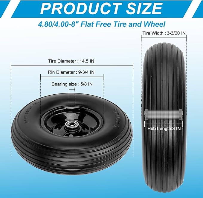 Cenipar 4.80/4.00-8" Flat Free Tire and Wheel 14.5" Solid Flat-Free Replacement Tire with 5/8" or 3/4" Axle Borehole,3-7" Adjustable Centered Hub for Wheelbarrow Hand Truck Garden Trailer and Trolley