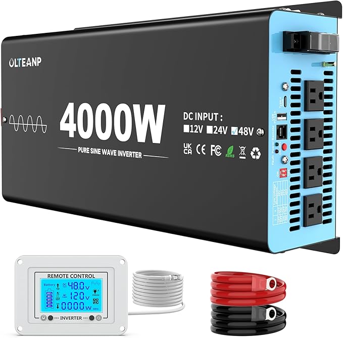 New 48V 4000 Watts Pure Sine Wave Inverter, 48V DC to 110V/120V AC Power Inverter with 4 AC Outlets, USB Port, Type-C Port for Truck, Vehicle, Power Outage, Remote Control with LCD Screen
