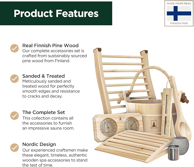 Sauna Accessories Kit - Handmade from Finnish Pine Wood - Complete Set (Bucket & Ladle, Thermometer & Hygrometer, Sand Timer, Aromatherapy Cup, Backrest, Headrest)