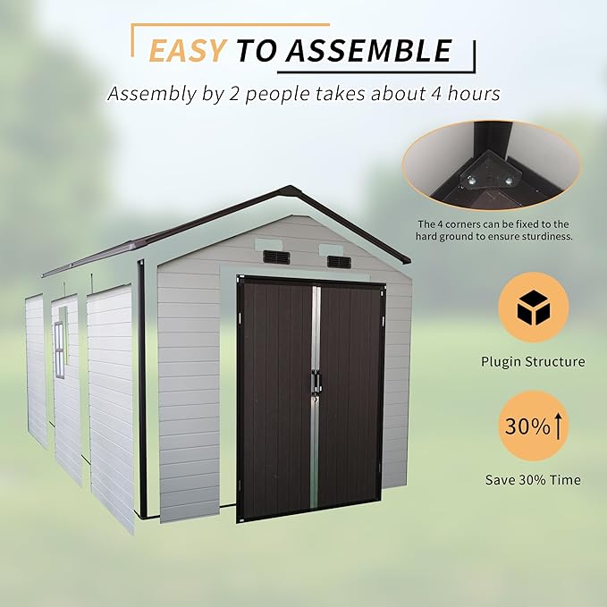 LANTRO JS Outdoor Storage Shed, 8x14x7.6FT Plastic Storage Shed with 2 Windows and Strong Aluminum Frame for Garden Tools, Bike, Lawnmower, White and Brown