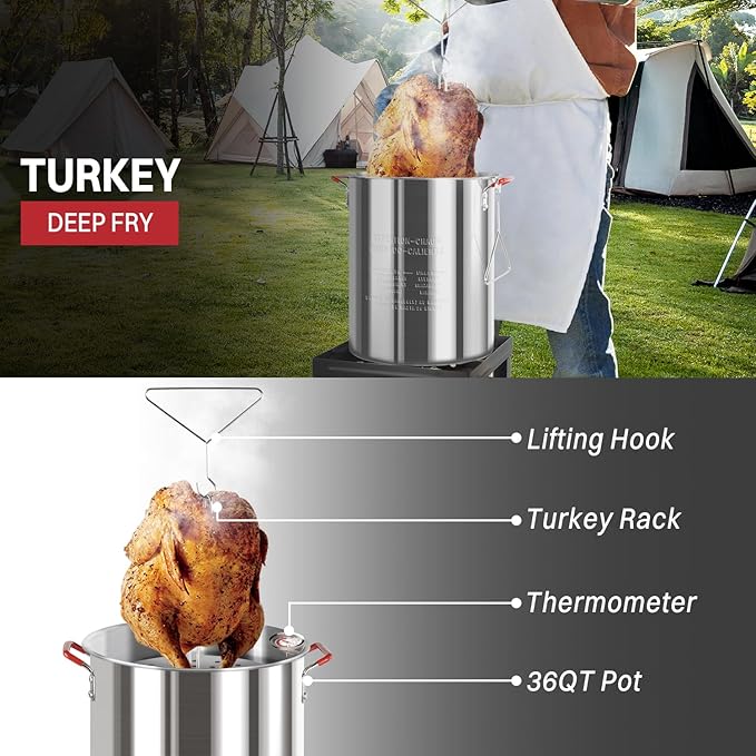 36QT Outdoor Fryer | Turkey Deep Fryer | Seafood Boil Pot | Cover & Skimmer Included | 50,000BTU Propane Burner | Aluminum Deep Fryer Pot with Basket | Crab, Seafood & Crawfish Boiler