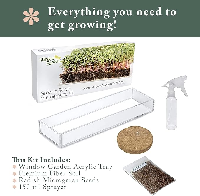 Window Garden Microgreens Grow Kit - Non GMO, Organic Microgreen Seeds, Fiber Soil, Acrylic Tray, Sprayer - Indoor & Outdoor Tools for Gardening, Seedling, Planting Superfood, Hydroponic Growing Kit