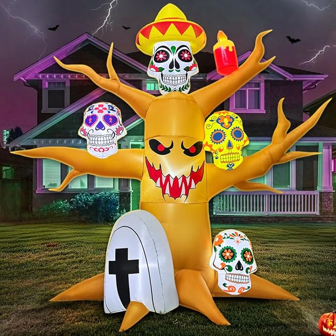 8FT Halloween Inflatable Decorations, Blow up Tree Decorations Day of The Dead Catrina Skulls Dia de Los Muertos, Built-in LEDs for Halloween Party, Garden, Lawn, Yard, Patio Décor