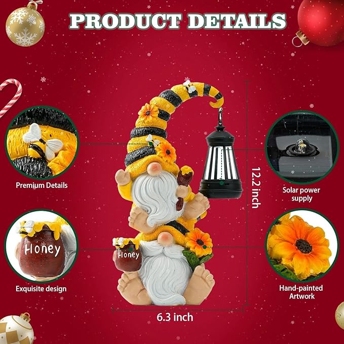 Solar Bee Garden Gnomes with LED Lantern – Waterproof Stacked Outdoor Decor for Yard, Patio – Unique Gnome Gift for Women, Mom, Grandma (Christmas Decor, Outdoor Statues)
