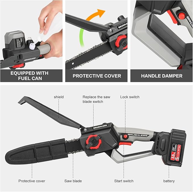 Mini Chainsaw, 8 Inch 1150W 5000RPM Brushless Handheld Electric Chain Saw with Chain Guide Plate 2x3.0A Batteries for Outdoor Home Garden Orchard Pruning