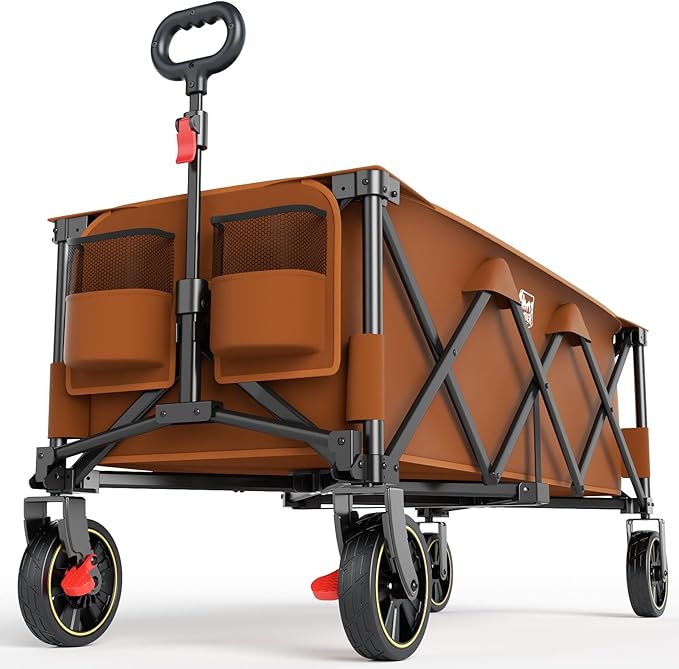 Timber Ridge 51.2'' Extended Collapsible Wagon Cart with Brakes and Cargo Net, 500LBS Heavy Duty Foldable Utility Wagon with Adjustable Handle, 400L Capacity Portable Cart for Camping Sports, Orange