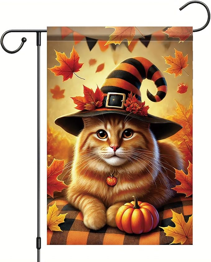 Halloween Fall Garden Flag Orange Cat with Pumpkin Hat Flag 12x18 Inch Double-Sided Autumn Witch Hat Plaid Blanket Yard Banner for Porch Lawn Outdoor Decor Thanksgiving Cat Lovers