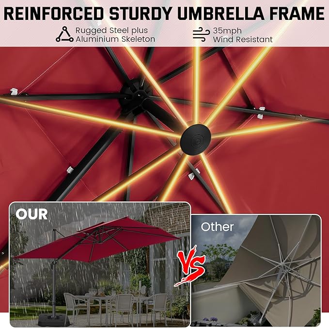 Hotime 10ft Patio Umbrella Outdoor Patio Height adjustable and Windproof, Heavy Duty Aluminum Square Offset Patio Umbrella Cantilever Pool Umbrella with 360°Rotation for Garden Deck Pool, Wine Red