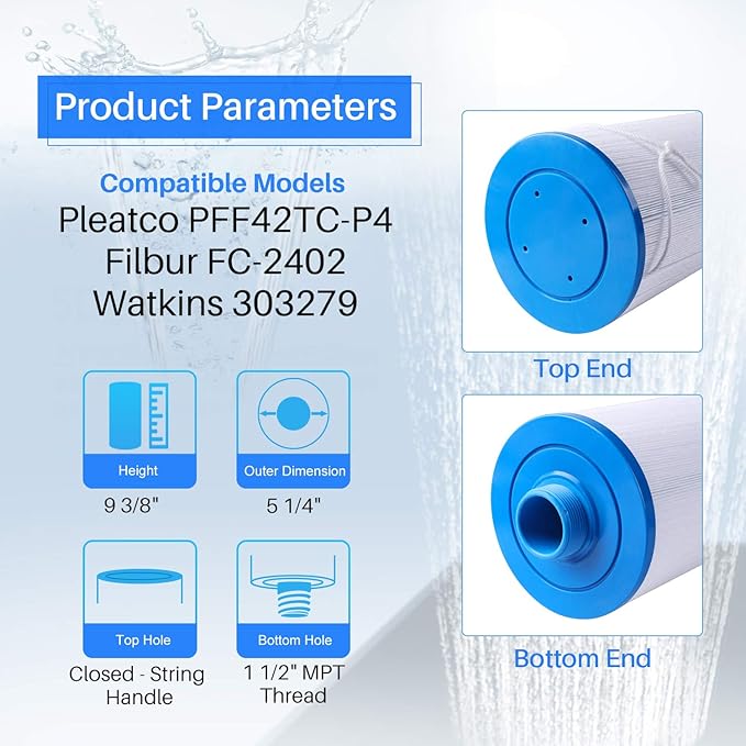 POOLPURE Spa Filter Replaces Watkins 303279, PFF42TC-P4, 5CH-37, 78460, FC-2402, Lifesmart, Freeflow, AquaTerra, Hydromaster, Grandmaster, Simplicity, Bermuda Hot Tub Filters 2PACK