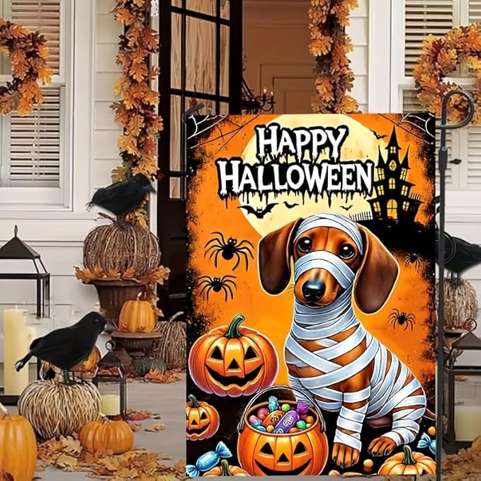 Halloween Trick or Treat Garden Flag,Halloween Garden Flag with Mummy Dachshund and Pumpkins,halloween garden flags for outside, 12x18 Inch Festive Yard Decoration