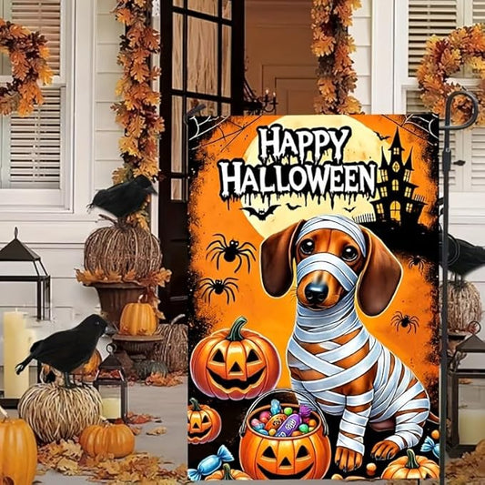 Halloween Trick or Treat Garden Flag,Halloween Garden Flag with Mummy Dachshund and Pumpkins,halloween garden flags for outside, 12x18 Inch Festive Yard Decoration
