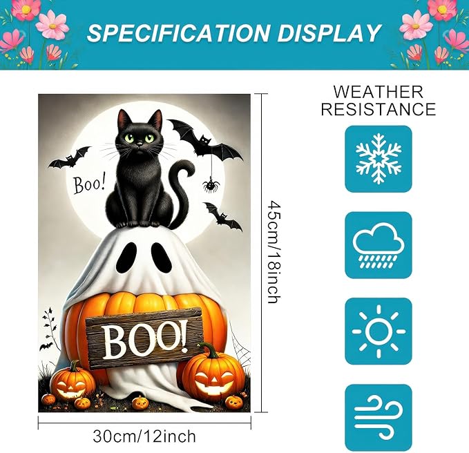 Halloween Garden Flag 12x18 inch Double Sided Boo Black Cat Flags Pumpkin Banner Spooky Bat Moon Small Yard Flag for Fall Outdoor Halloween Party Decoration