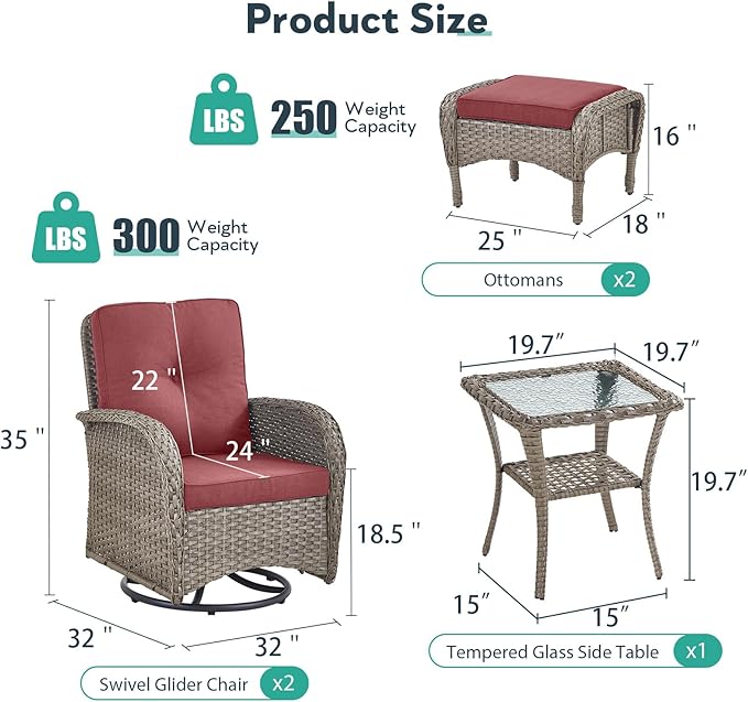 Outdoor Swivel Glider Rocker Chairs Set- 5 Piece Patio Furniture Set, Patio Bistro Sets with Tempered Glass Side Table and 2 Ottoman, for Balcony, Porch - Grey Wicker Red Cushion