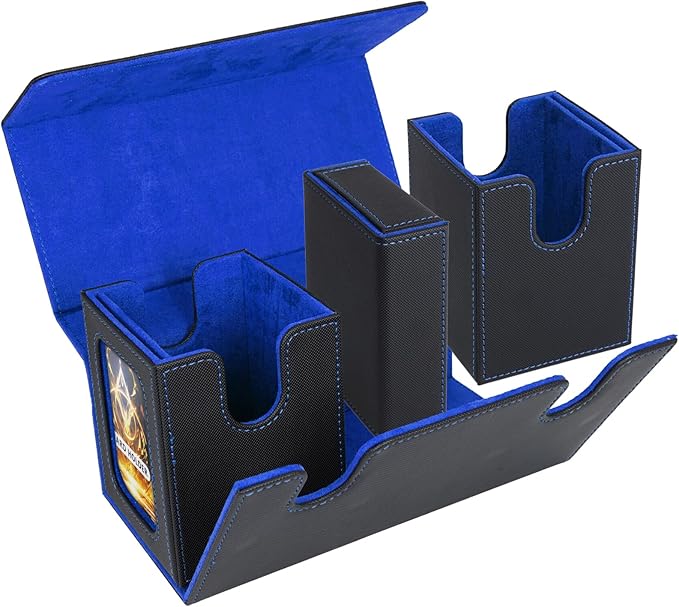 AFIING MTG Commander Card Storage Box - Fits 200 Double Sleeved Cards,3-in-1Card Deck Case,Strong Magnet Card Organizer For Magic Commander TCG CCG,4Dividers &2 Toploaders, Black/Blue