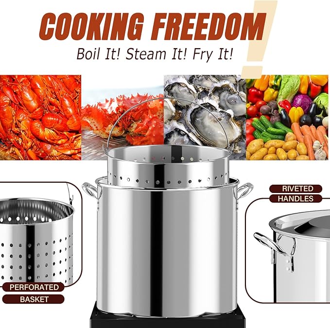 Stainless Steel 80QT Crawfish Boiler Kit, Waterproof Cover & 18-inch Skimmer, 110,000BTU Propane Burner Stove, 0-20PSIG Regulator, Seafood Boil Pot, Crab Boil Pot with 60QT Basket