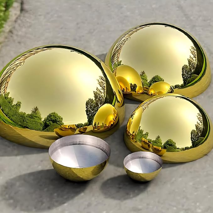 3PCS Decorative Gold Half Gazing Ball, Stainless Steel Mirror Globe, Hollow Polished Reflective Smooth Garden Sphere, Garden Dome Ornament