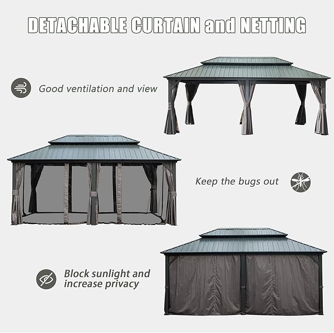 Domi 12’ x 18’ Hardtop Gazebo Metal Frame Canopy with Netting & Curtains, Outdoor Permanent Metal Pavilion with Galvanized Steel Double Roof for Patio Lawn and Garden, Gray