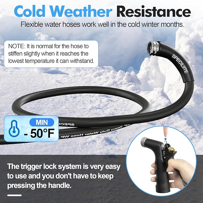 SPECILITE 5/8" Hot/Cold Garden Hose 25 ft with Industrial High Pressure Nozzle, Flexible & Lightweight, 600psi Burst Rubber Water hose -50℉-158℉ With 3/4"Stainless Steel Fittings for Yard, Black